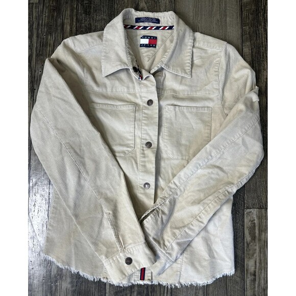 Tommy Hilfiger Jeans Womens Large Corduroy Raw Fringe Hem Crop‎ Jacket - Picture 1 of 6